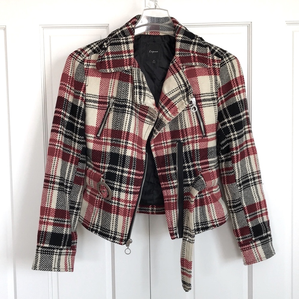 Express Black Red Ivory 90s Vintage Cropped Wool Plaid Moto Jacket Size S